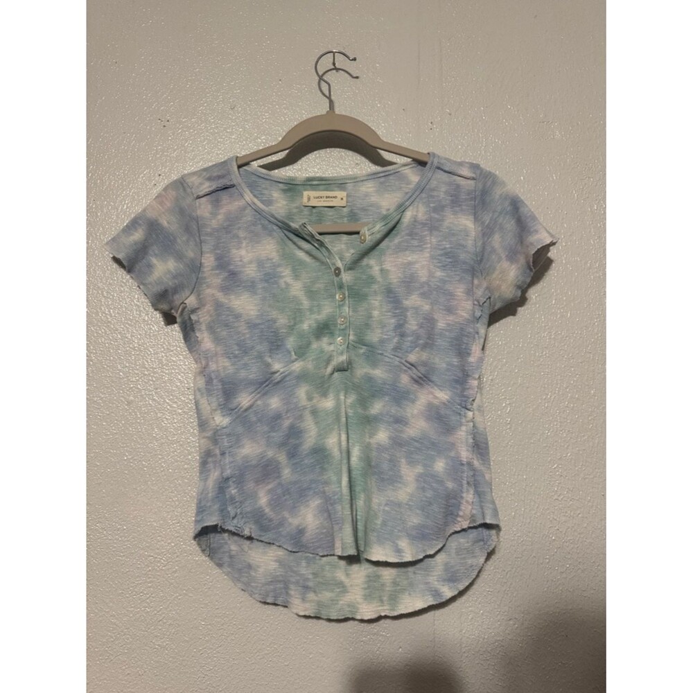 Lucky Brand Blue Green Tie Dye Henley Short Sleeve Boho Festival Cotton Top XS